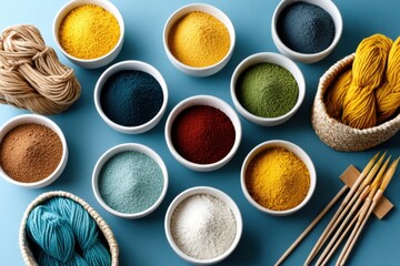 Colorful assortment of natural pigments and yarns displayed on a blue surface for creative projects and crafts
