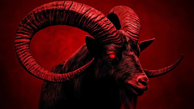 Menacing goat with glowing red eyes and massive curled horns emerges from a fiery red mist, evoking a dark and demonic atmosphere.