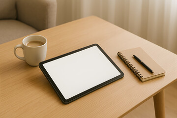 Tablet with blank screen on wooden desk next to coffee cup and notebook.