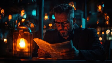 A man reads a newspaper with eyeglasses in low light