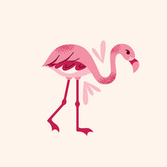 Set of stylized pink flamingos in various poses. Flat vector cartoon illustration isolated on light background. Tropical bird. Summer and exotic nature concept.