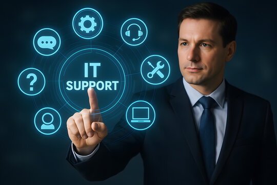 Businessman interacting with virtual IT support interface surrounded by technology icons.