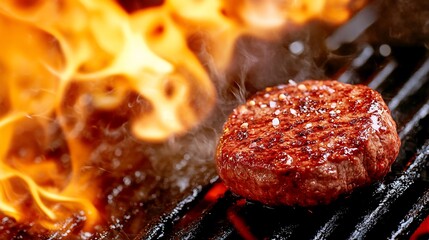 Grilled hamburger patty cooking on hot grill with flames