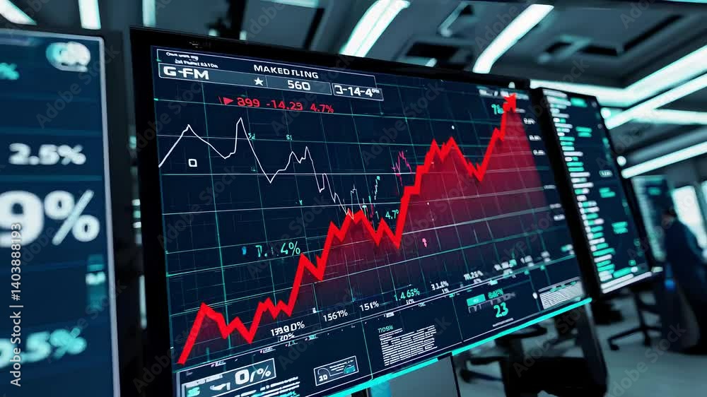 Poster modern trading room with multiple display screens and data analysis