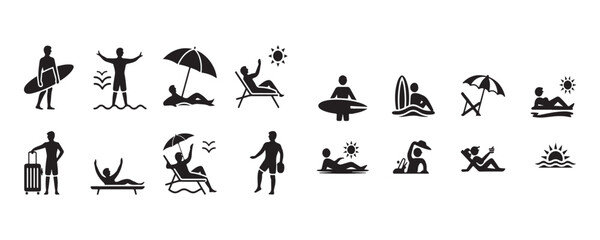 Naklejka premium Summer Vacation Silhouettes and Beach Activity Icons in Minimalist Vector Style, Art & Illustration