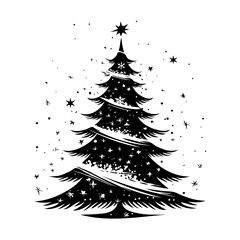 Stylized black Christmas tree silhouette with stars and snowflakes in artistic graphic style on white background, holiday celebration concept