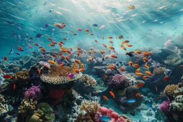 Fototapeta premium Schools of Tropical Fish Darting Through Vibrant Coral Reefs in Sunlight, Schools of tropical fish darting in and out of the coral formations, adding movement and life to the scene