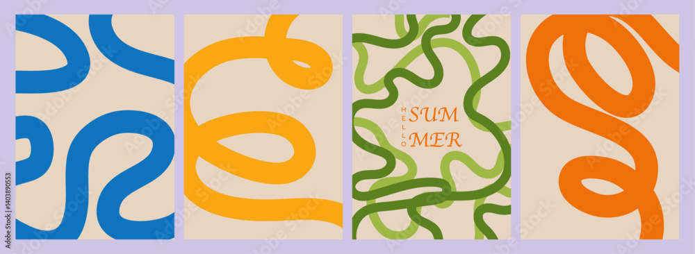 Poster Abstract set vertical summer poster with dynamic linear waves on pastel background with copy space
