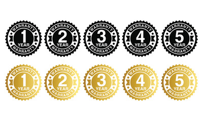 1, 2, 3 and 5 year warranty logo set in golden color vector illustration. One, two, three and five year Warranty labels, stamp designs in golden and black color. Set of golden warranty vector template