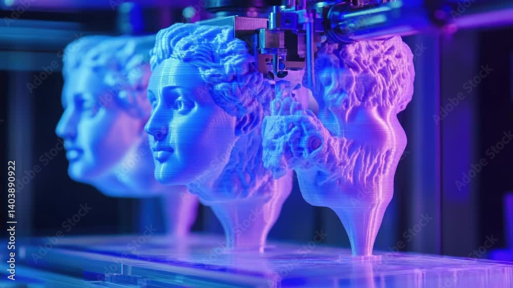 Poster Three-headed 3D printer in action, printing multiple objects simultaneously.