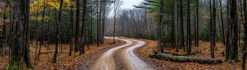 Obraz premium Winding dirt road through a forest during the autumn season