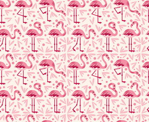 Seamless pattern with stylized pink flamingos in various poses. Flat vector cartoon illustration isolated on light background. Tropical bird. Summer and exotic nature concept.