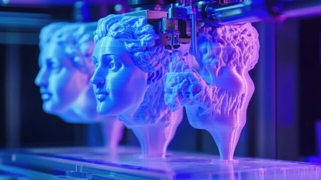 Three-headed 3D printer in action, printing multiple objects simultaneously.