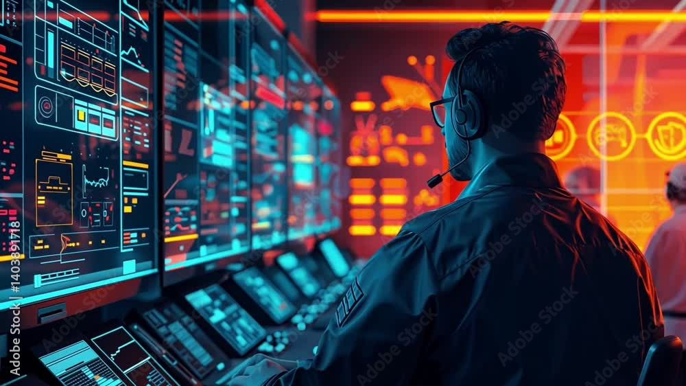 Aufkleber A man in a jacket uses a headset, while intensely monitoring several electronic screens filled with colorful graphs and data visuals in a modern operations center.