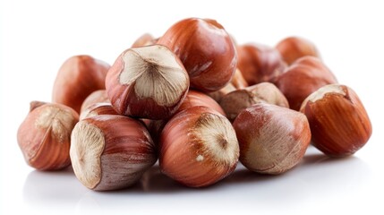 Fototapeta premium Pile of Fresh Hazelnuts with Shells on White Background Close-up