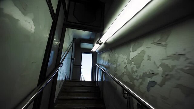 Dimly Lit Staircase with Peeling Walls and Ceiling Lights Above