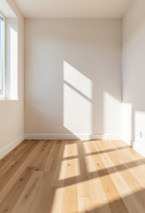 Fototapeta premium Minimalist living room with sleek wooden flooring and sunlight, modern design