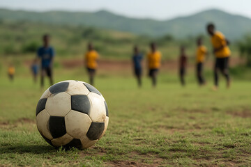 A classic black and white soccer ball sits in the foreground of a field as blurry figures play a match under a hazy sky in a rural field.