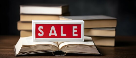 Stack of books with open book and sale sign on wooden surface.