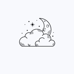 Moon and stars peeking from fluffy clouds