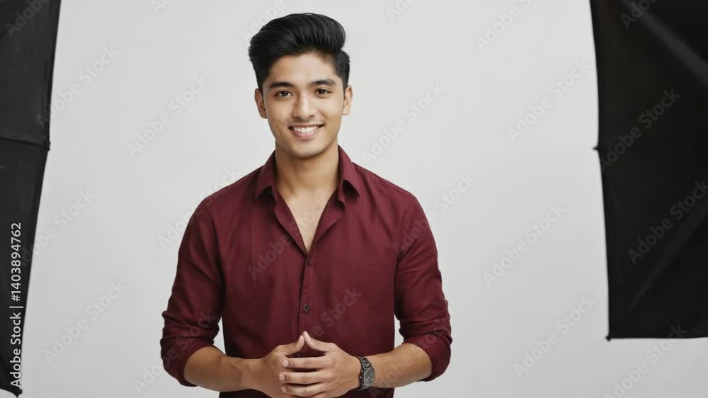 Poster a man stands in front of a simple black and white backdrop, focusing on his pose.