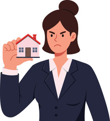 Businesswoman in a dark suit holding a small house model, displaying a serious expression, flat vector illustration