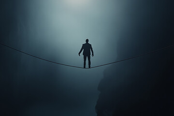A lone figure in silhouette walking on a tightrope in a foggy, atmospheric environment. A metaphor for risk-taking and balance.