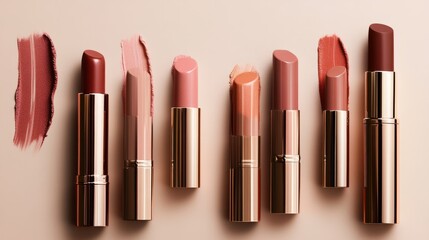 Obraz premium a series of high-end lipstick close-up shots, elegant product photography style, luxurious lipstick tubes with rich color swatches,