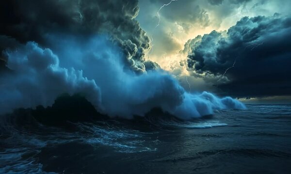 storm over the sea causing huge sea waves