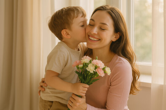 Maman embrassée sur la joue par son petit garçon pour la fête des mères, bouquet de fleurs à la main, scènes lumineuses pleines d’amour dans un intérieur chaleureux - Powered by Adobe