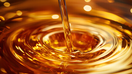 Golden Pour: Capturing the liquid dance, a glistening stream of amber cascades into a swirling pool, creating an abstract symphony of texture, light, and motion.