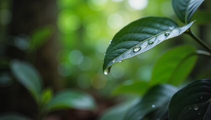 Heavy raindrop on tropical leaf in lush forest, nature's beauty
