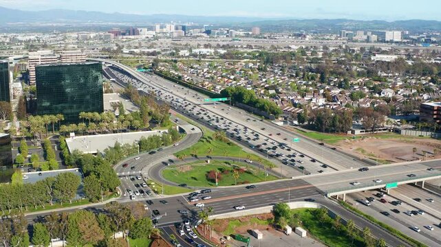 Aerial drone shot view of Orange County Costa Mesa Irvine buildings airport 05