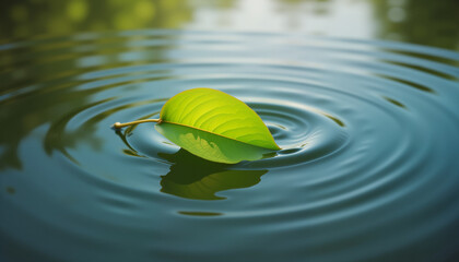 Green leaf floating on tranquil water at daylight, natural serenity
