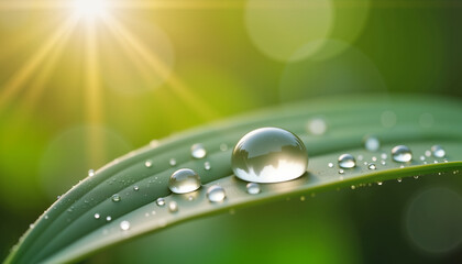 Morning dewdrop on leaf reflecting nature's beauty, freshness of life