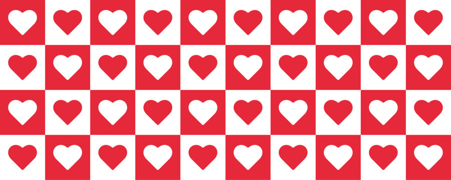 A simple vector basic abstract pattern. Square and heart. Shapes and forms. Red and white mosaic banner. Romance, love, valentine, passion. A template for design and decoration. Vector illustration.