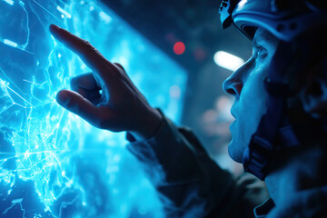 Operator engages with AI technology during mission briefing in a control room setting