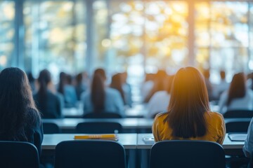 Blurred image of education people and business people sitting in conference room for profession seminar and the speaker is presenting new technology and idea sharing with the content, Generative AI