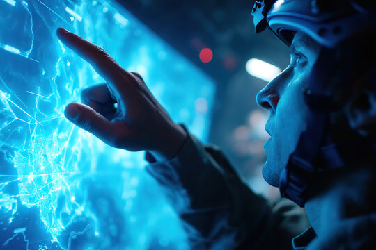 Operator engages with AI technology during mission briefing in a control room setting