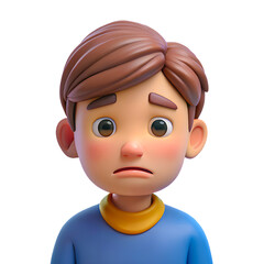 3D Illustration of Worried Cartoon Boy with Brown Hair on transparent background