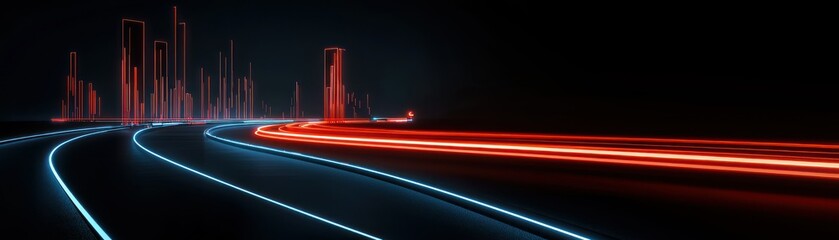 Futuristic city concept with flowing light trails across a road