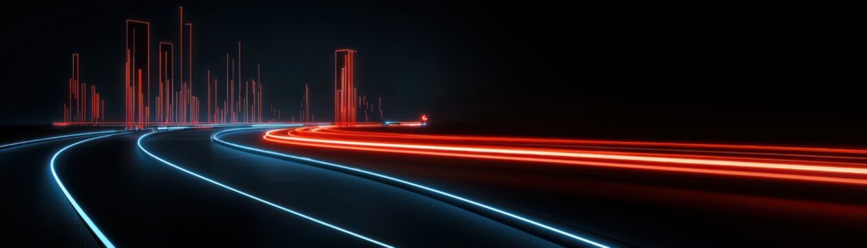 Futuristic city concept with flowing light trails across a road