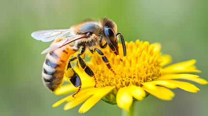 Macro Photograph of a Honeybee Collecting Pollen from a Bright Yellow Flower in Soft Focus