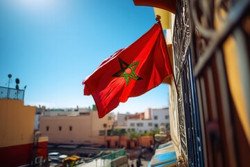 Bright Moroccan flag waving in a sunny cityscape.