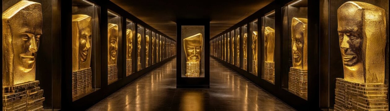 A dark hallway features many gold faces inside individual enclosures