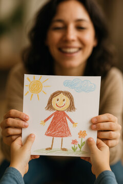 Dessins d&rsquo;enfants offerts &agrave; leur maman pour la f&ecirc;te des m&egrave;res, messages d&rsquo;amour na&iuml;fs et color&eacute;s sur papier, sc&egrave;nes pleines d&rsquo;&eacute;motion et de tendresse en int&eacute;rieur lumineux.