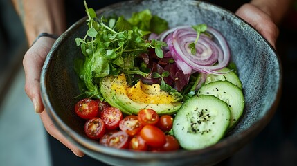 Healthy salad bowl fresh vegetables avocado tomato cucumber onion food photography and recipe ideas for lunch