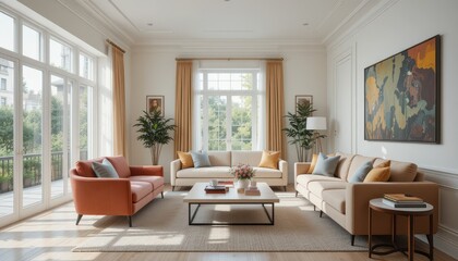 Fototapeta premium Modern living room interior design with bright colors and large windows showcasing nature outside