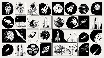 Minimalist black-and-white vector illustrations featuring various themes like nature, space, technology, or animals, with clean lines and seamless compositions, showcasing intricate, dynamic designs.