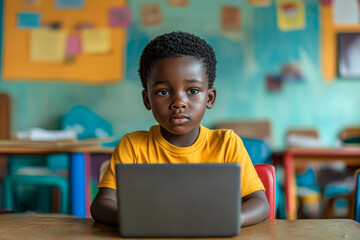 Focused primary school pupil african american schoolboy using laptop in classroom interior, studying at lesson, Generative AI